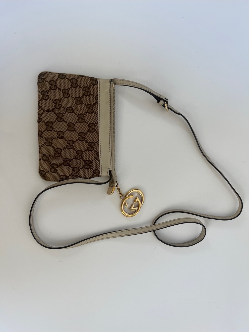 Gucci Brown Beige GG Canvas Crossbody with Gold Charm